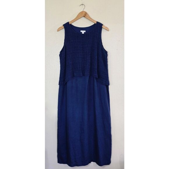 J. Jill pureJill Linen Blue Maxi Layered Dress Womens Size Medium Batik Overlay - Picture 1 of 11